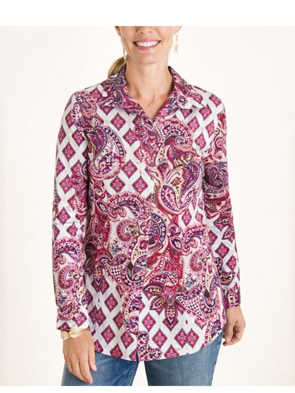Chico's No-Iron Paisley Top Size 2 (12) Like New